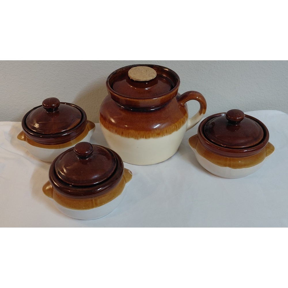 Vintage RRP Co Roseville Bean Pot & Lidded Onion Soup Crocks Bowls 8 Pc Set
